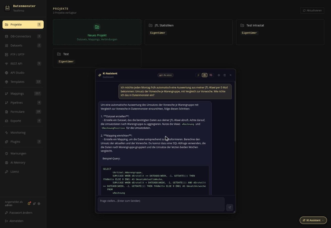 KI-Assistent in Datenmonster beantwortet eine Frage zur JTL-Wawi und liefert die passende SQL-Abfrage
